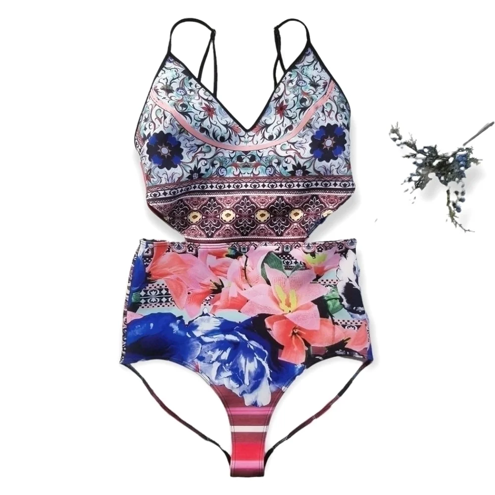 CLOVER CANYON Floral Collage Vibrant Cutout One Piece Swimsuit XS